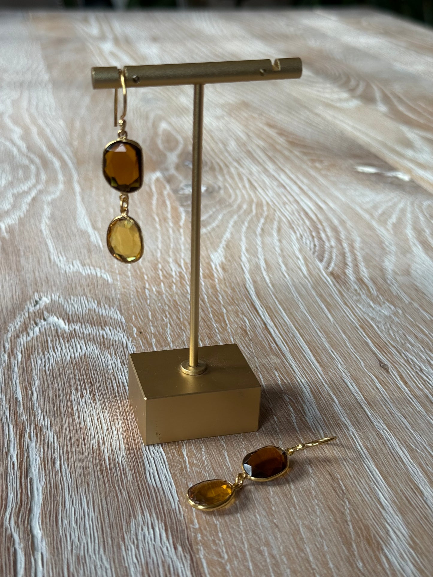 Gold Polished Earrings with Double Drop in Honey Quartz