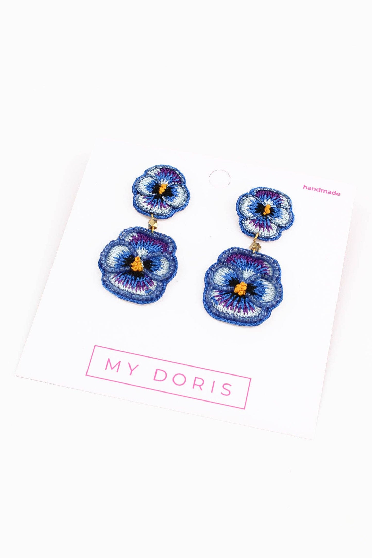 DOUBLE BLUE PANSY BEADED FLOWER EARRINGS