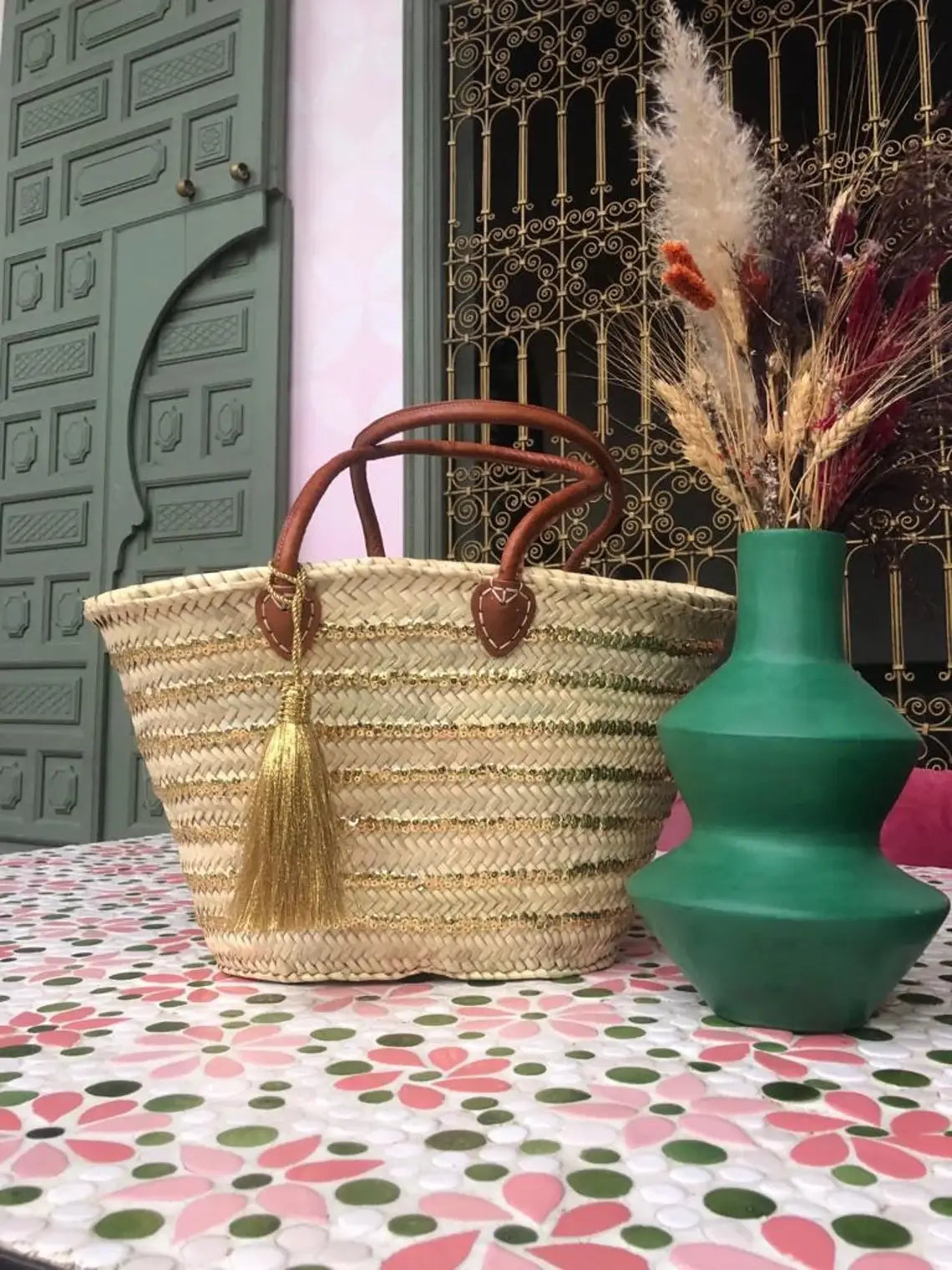 Straw Basket Bag | French Basket Leather Handles | Sequins