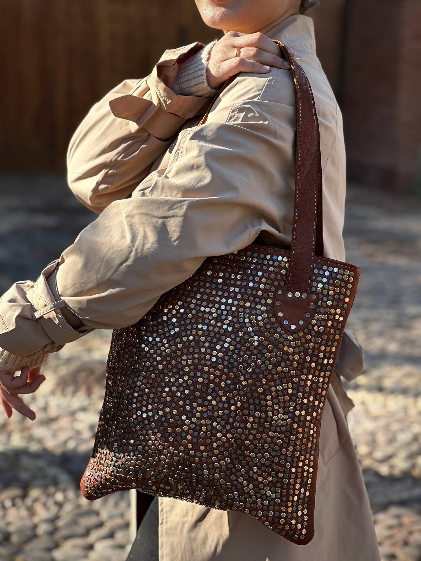 Handmade Genuine Leather Studded Tote Bag, Handcrafted purse