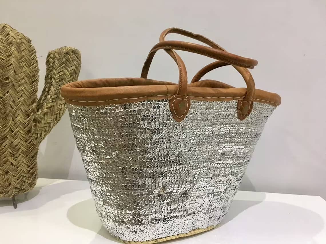 Straw Tote Bag Silver Sequined With Leather Handles