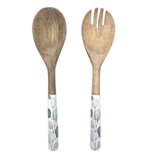 White with Eucalyptus Leaves Salad Servers