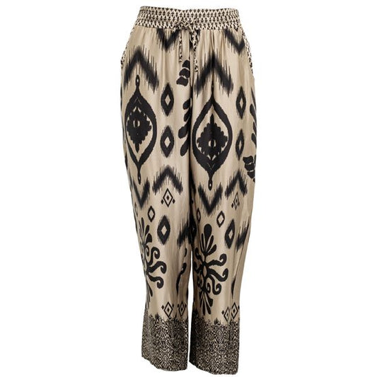 Border Trousers in Sand with Black Print