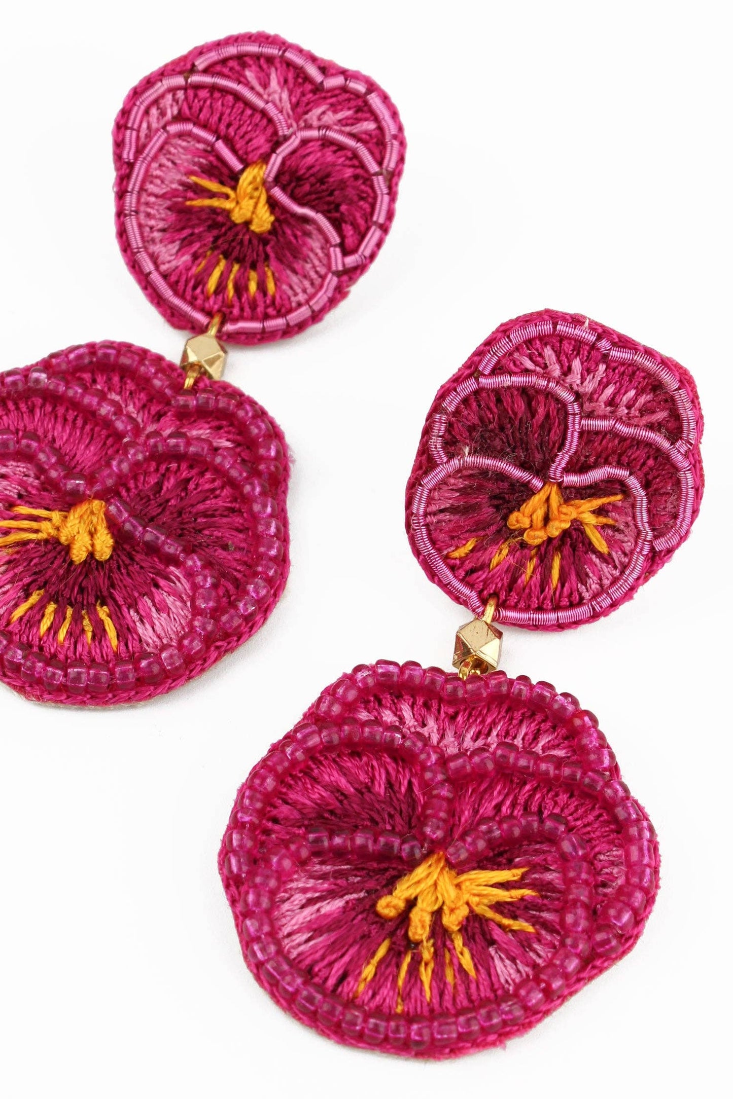 DOUBLE DARK PINK PANSY BEADED FLOWER EARRINGS