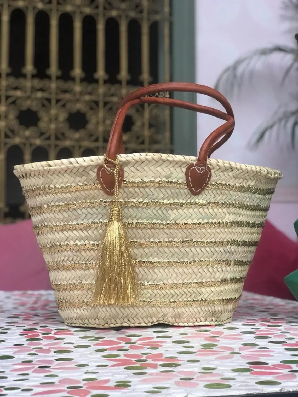 Straw Basket Bag | French Basket Leather Handles | Sequins