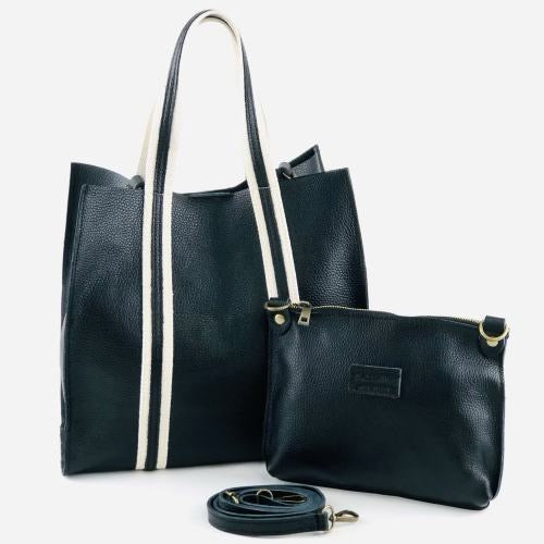 Leather Shopper with Pop Stripe - Black