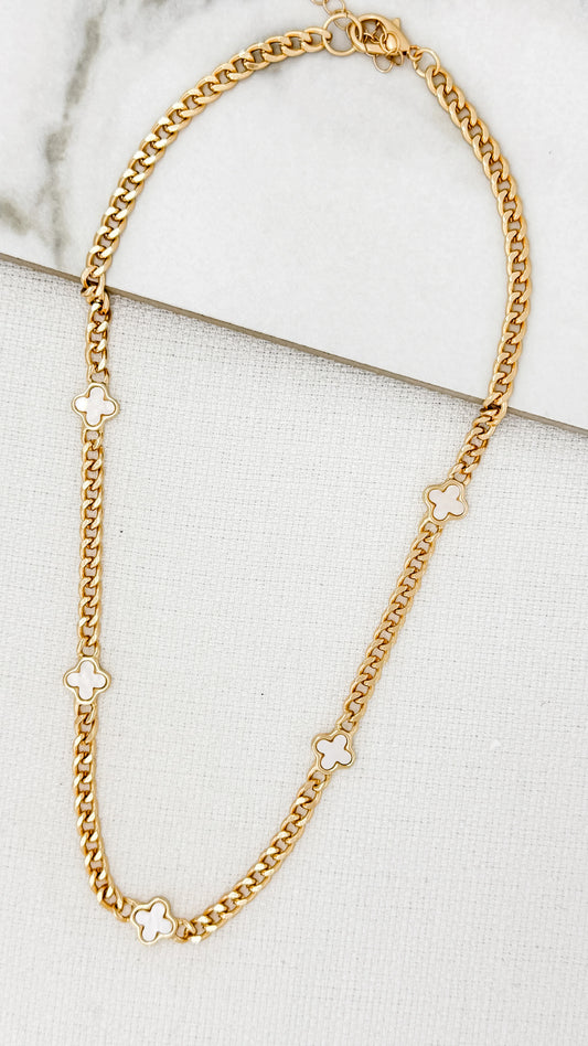 Short Gold Necklace with White Fleurs