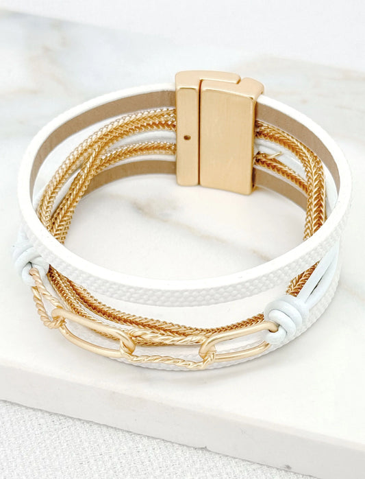 White Faux Leather & Gold Chain Bracelet