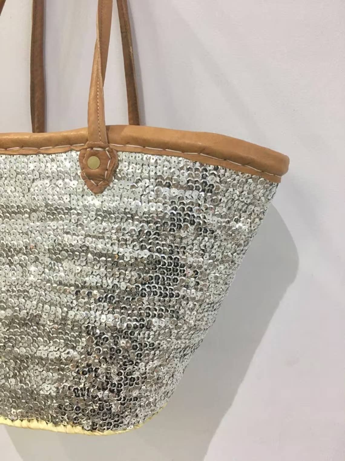Straw Tote Bag Silver Sequined With Leather Handles