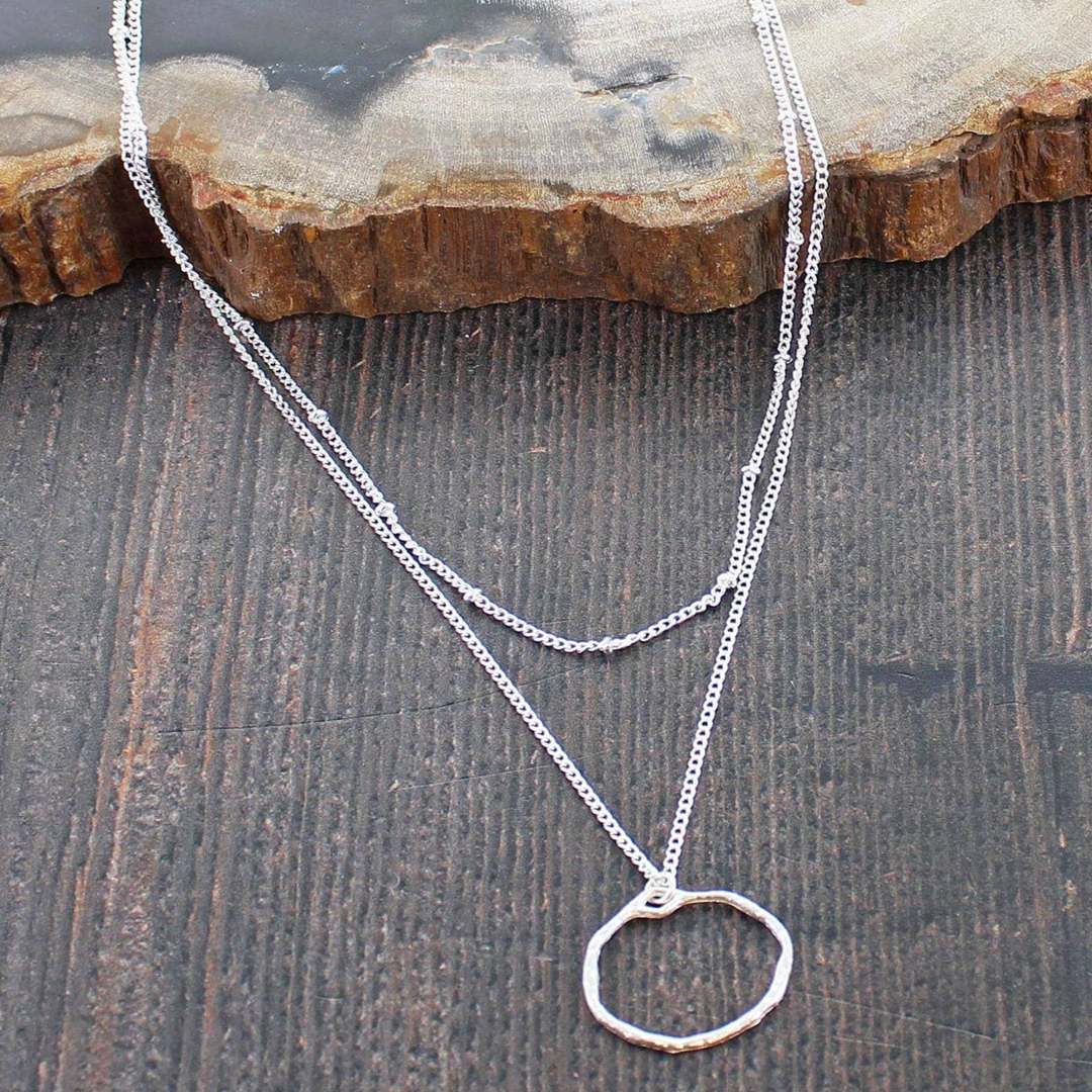 Silver Plated Double Chain Necklace with Ring Pendant