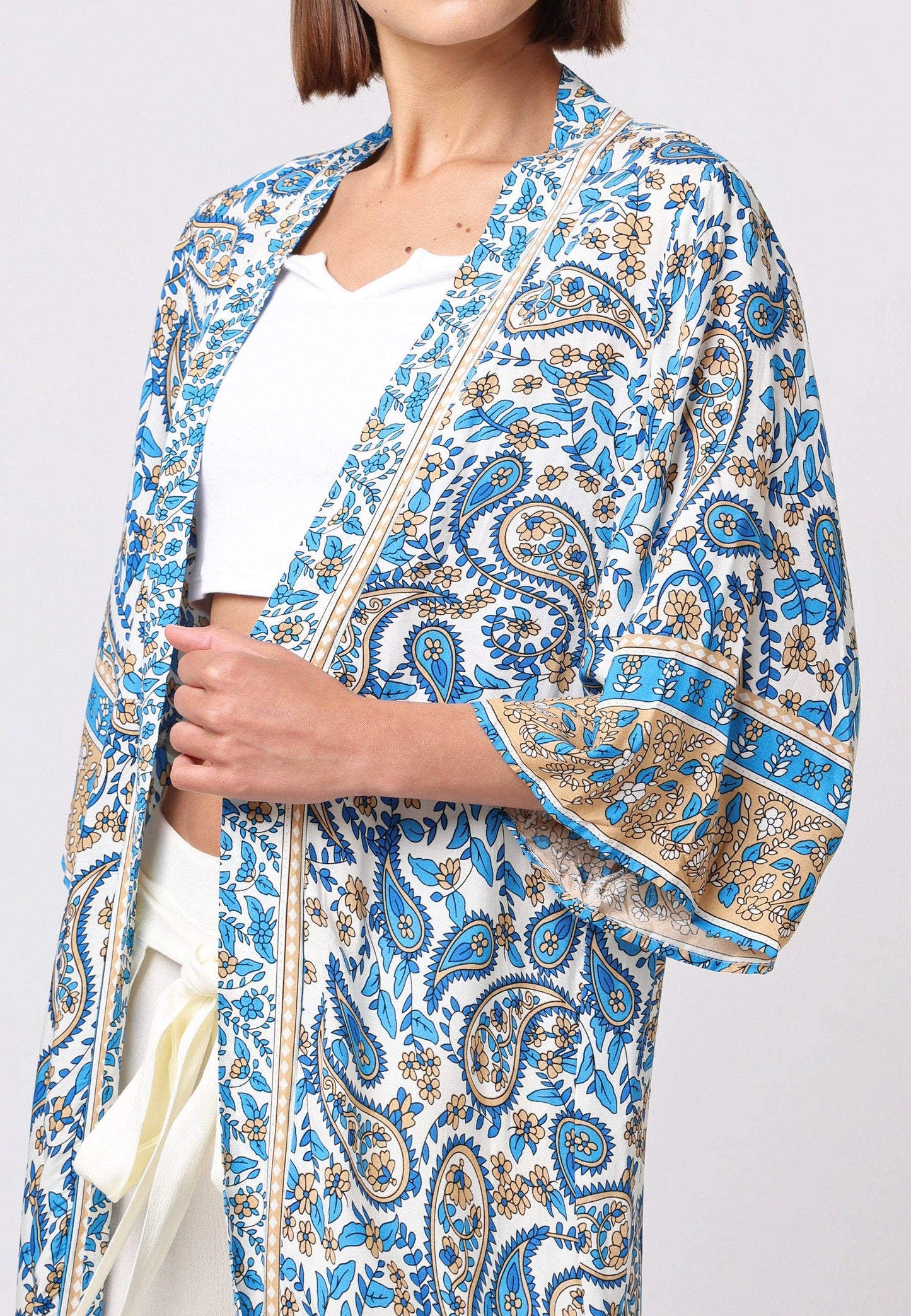 Long Sleeve Maxi Kimono in Blue Paisley Print