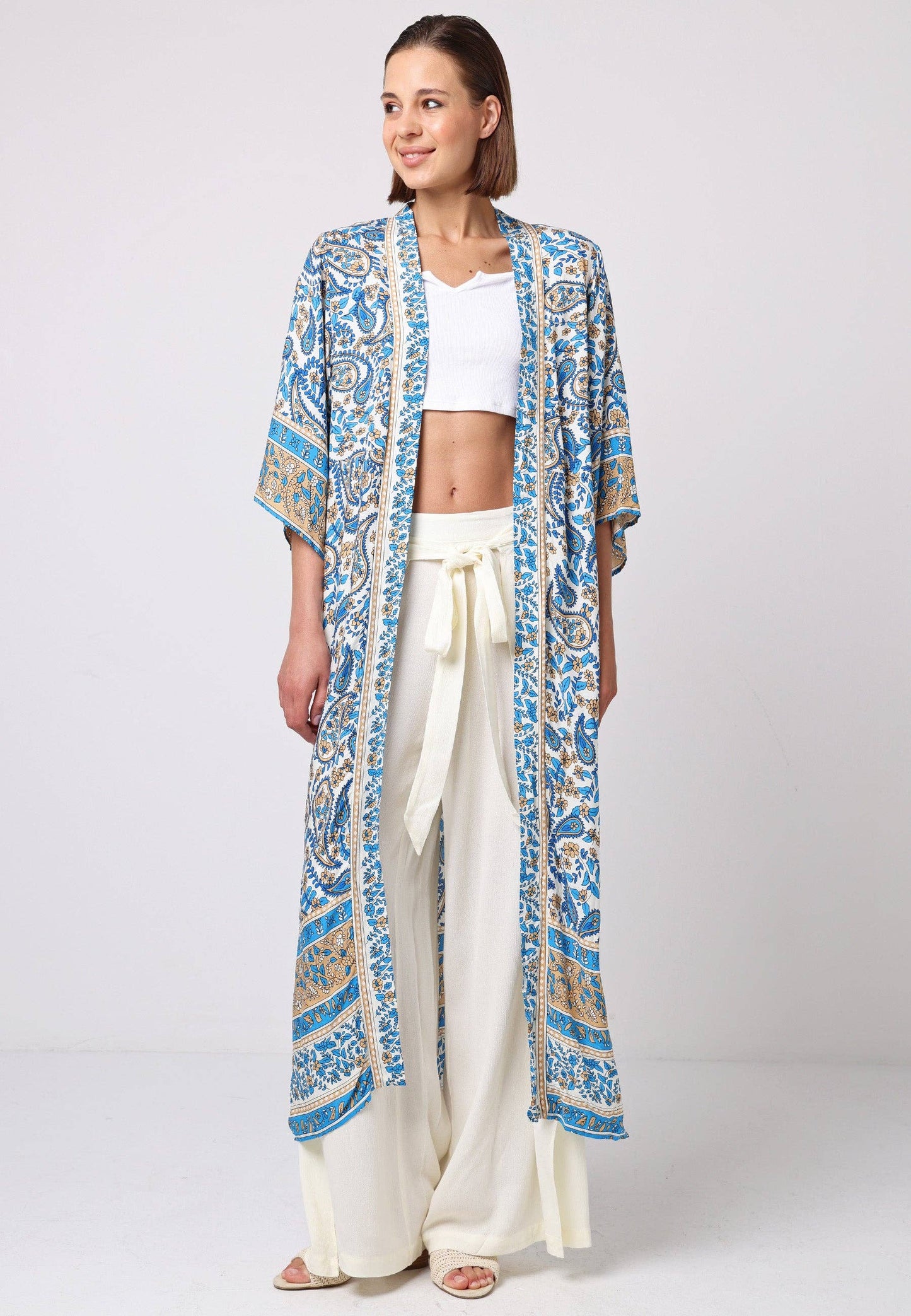 Long Sleeve Maxi Kimono in Blue Paisley Print