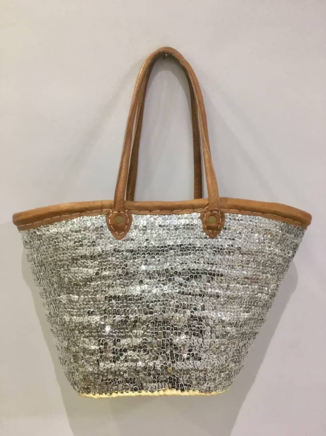 Straw Tote Bag Silver Sequined With Leather Handles