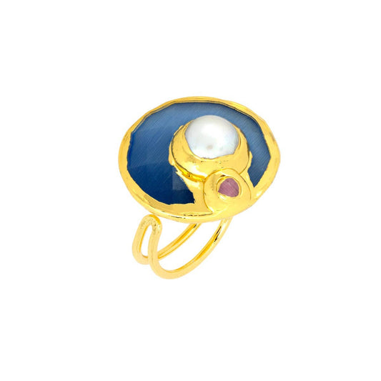 Gaia Blue Stone and Pearl Chunky Cocktail Ring