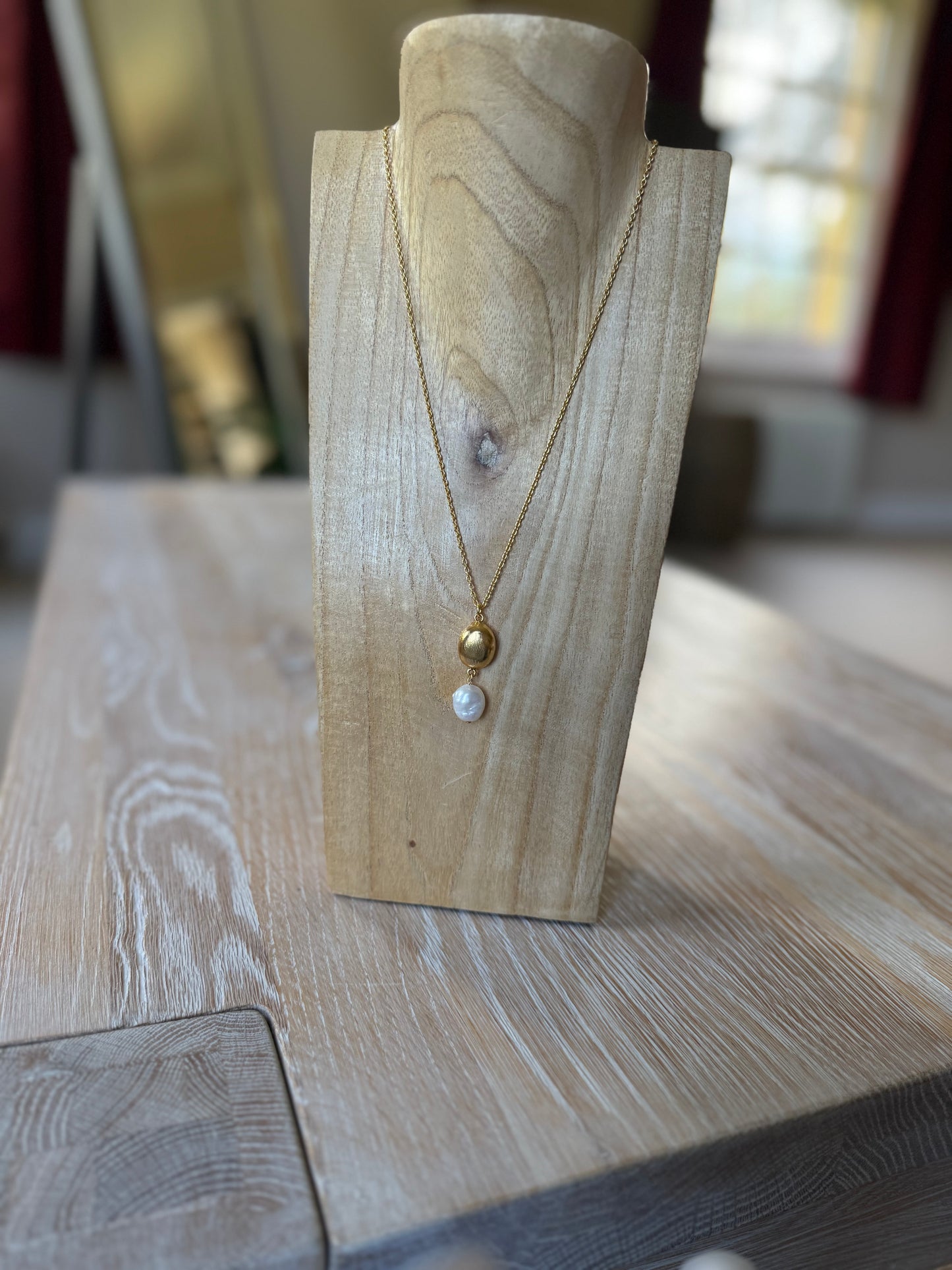 Gold Plated Polished Brass and River Pearl Necklace