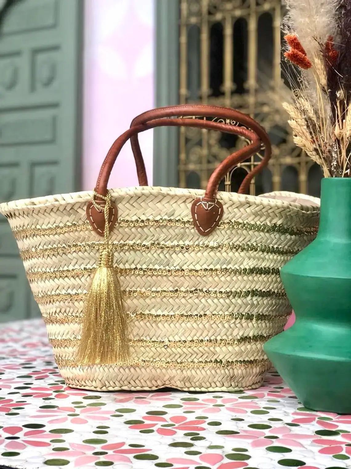 Straw Basket Bag | French Basket Leather Handles | Sequins