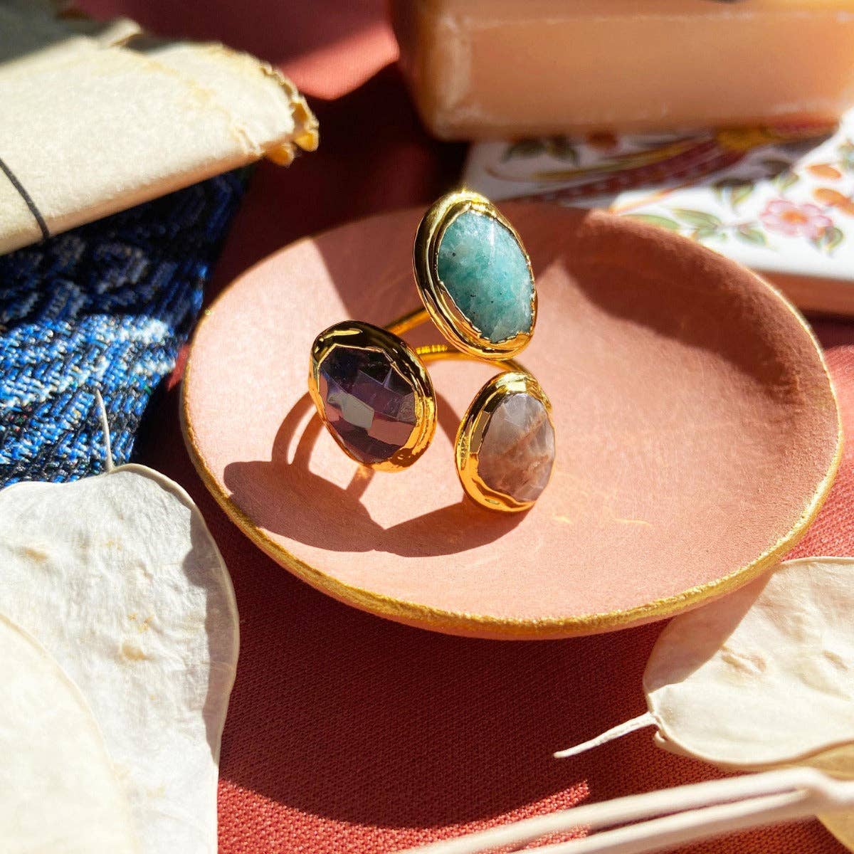 Amelie Three Stone Ring - Amazonite, Amethyst, Labradorite