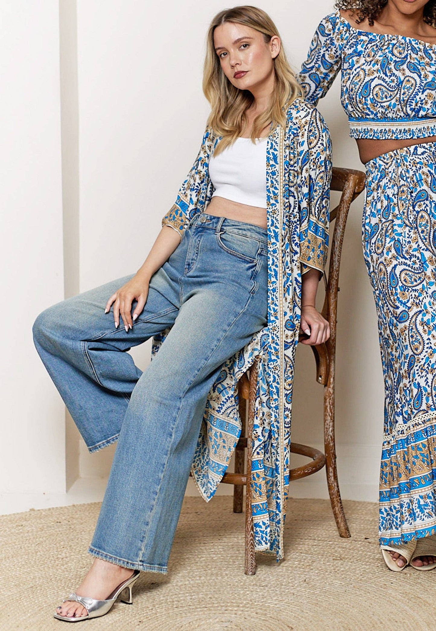 Long Sleeve Maxi Kimono in Blue Paisley Print