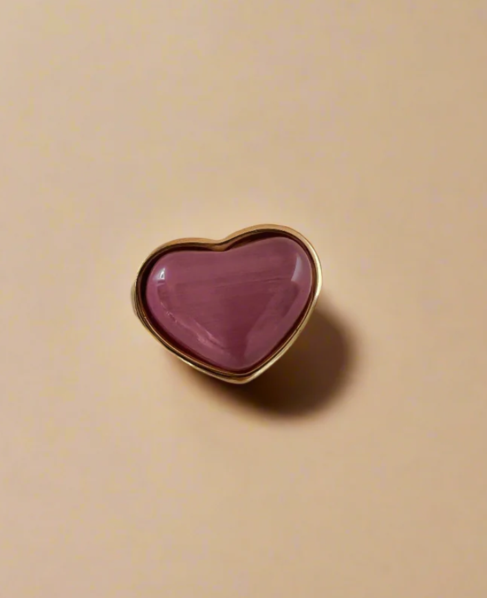 Pink cat's eye gemstone heart ring 18k gold plated