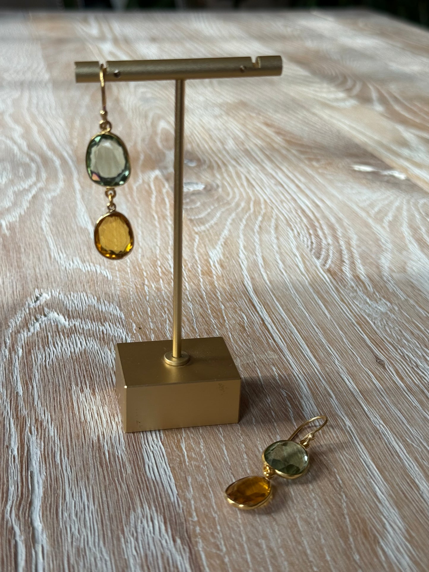 Gold Polished Earrings with Double Drop in Honey Quartz and Peridot
