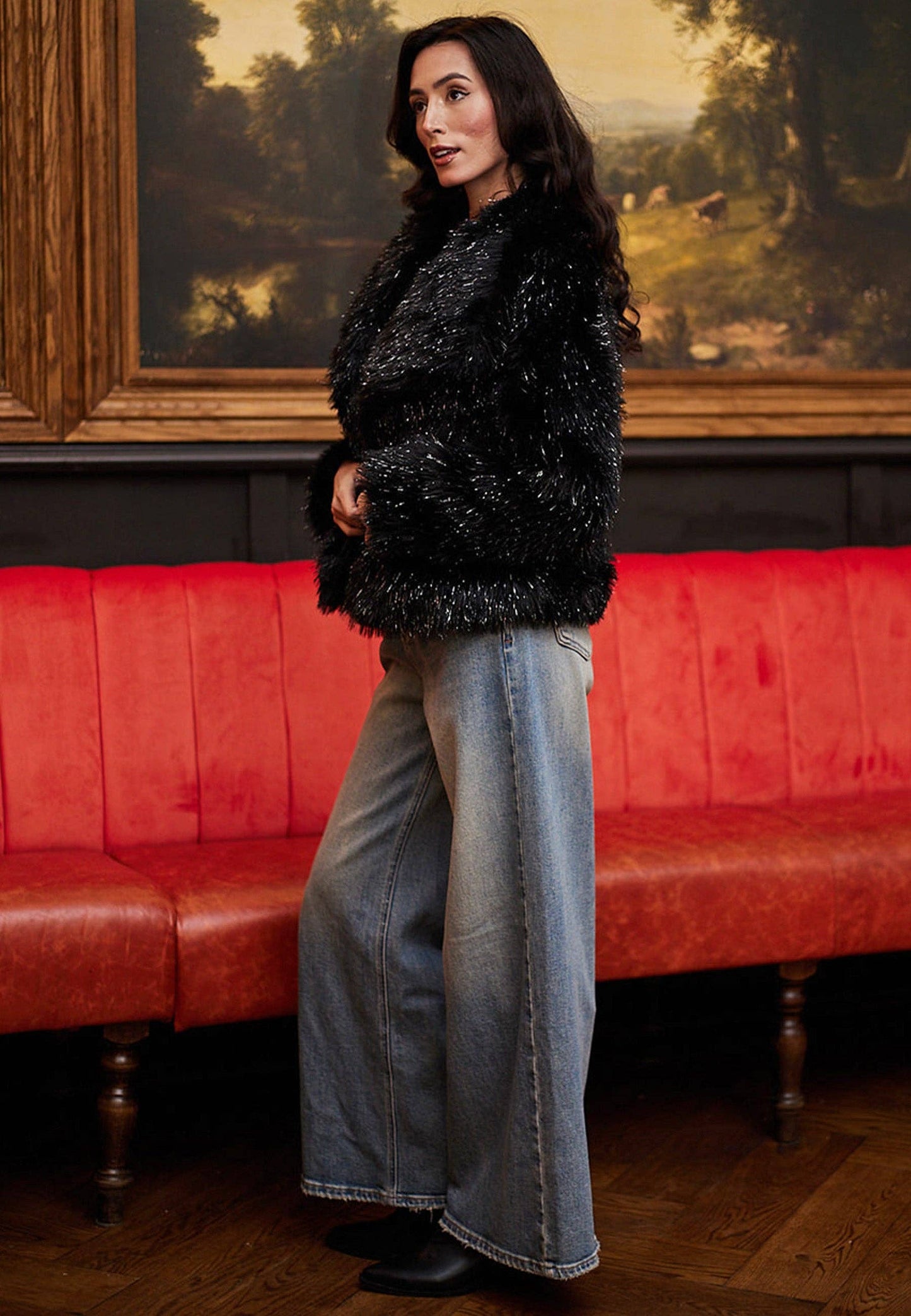 Faux Fur Glittery Short Coat In Black