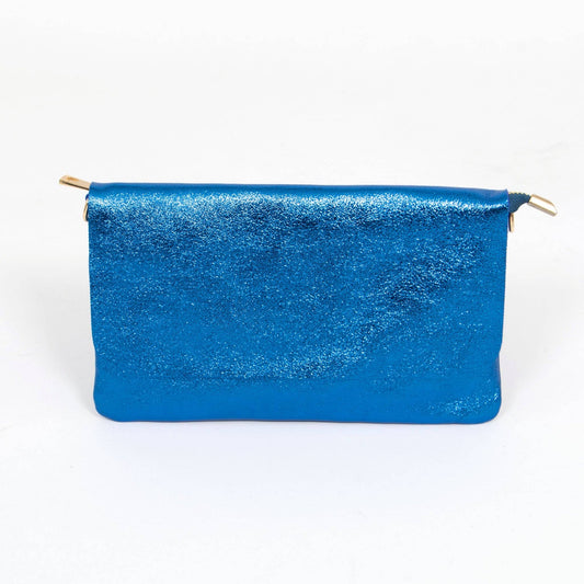 Britta Italian Leather Clutch Bag- Blue, Metallic