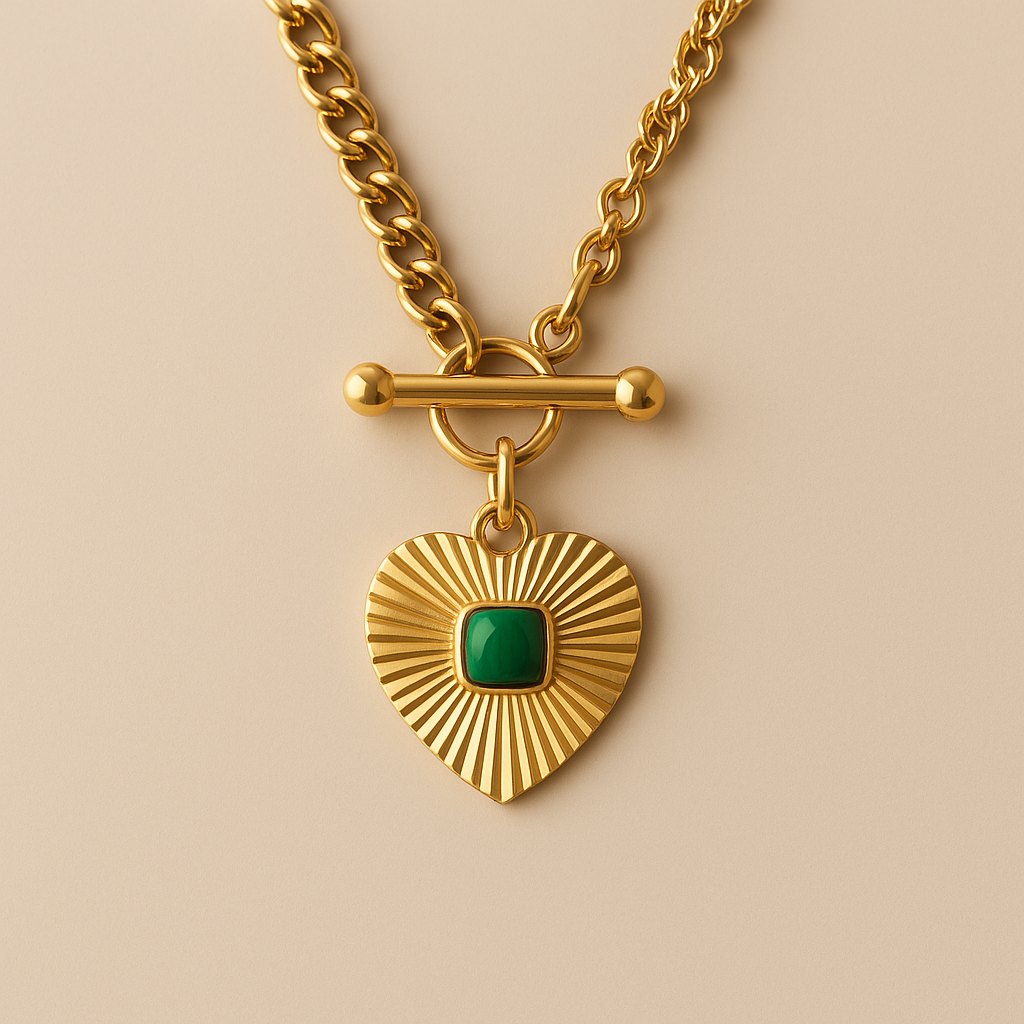 18k Gold Plated Heart T Bar Pendant Green Agate Necklace