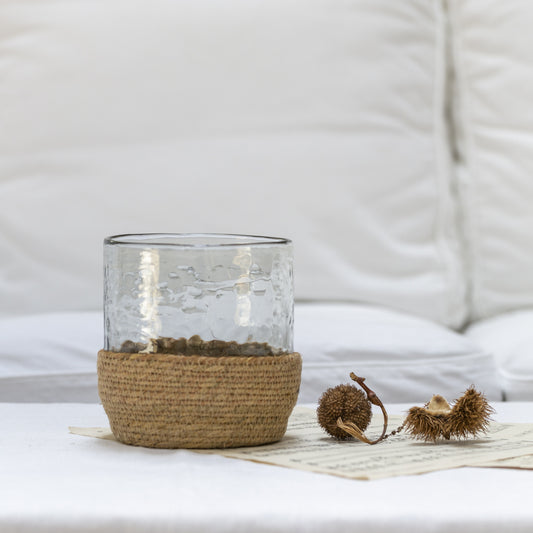 Hammered Glass Tea Light in Jute basket Large