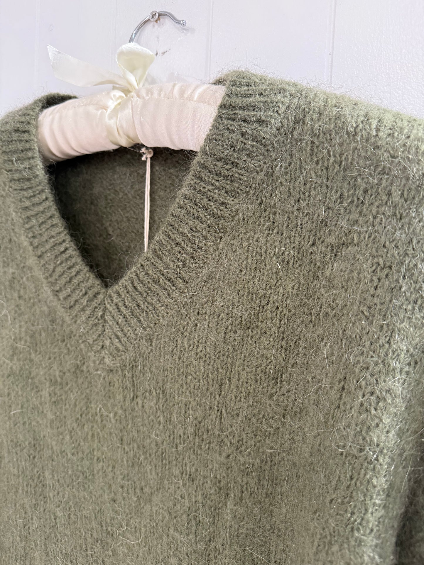 V Neck Mohair Sweater in Khaki