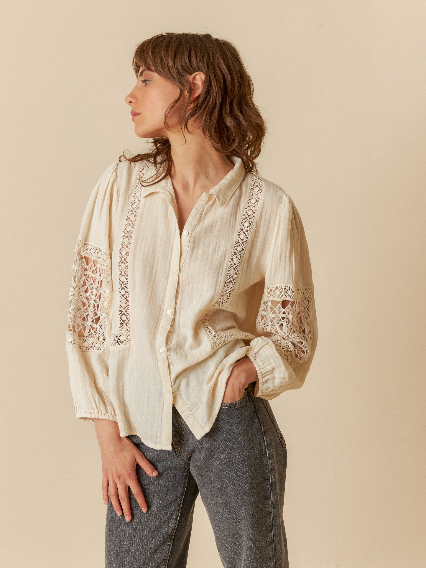 Long Sleeved Shirt in Natural with Lace Panels