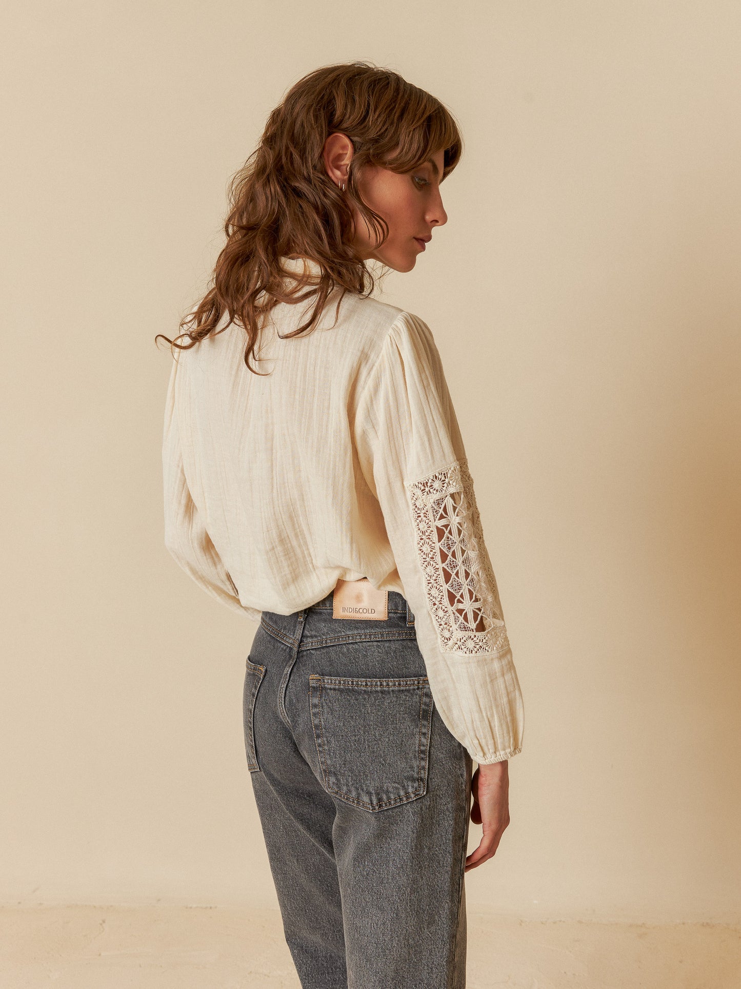 Long Sleeved Shirt in Natural with Lace Panels