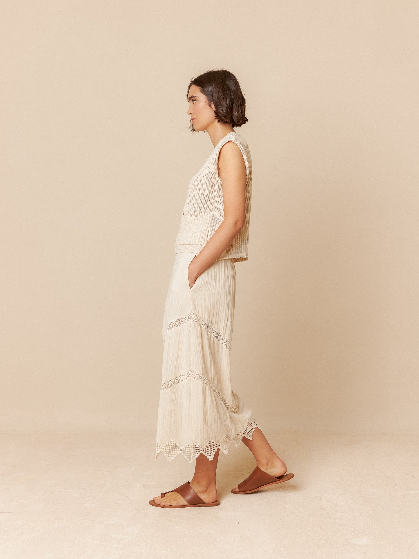 Double Gauze Skirt in Natural with Blue Flowers