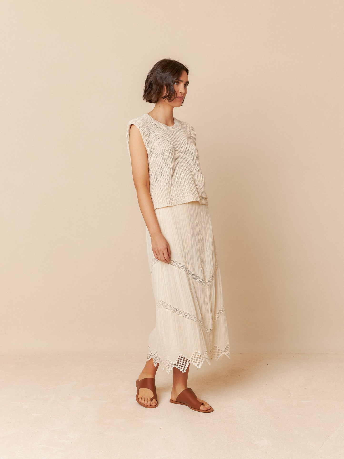 Double Gauze Skirt in Natural with Blue Flowers