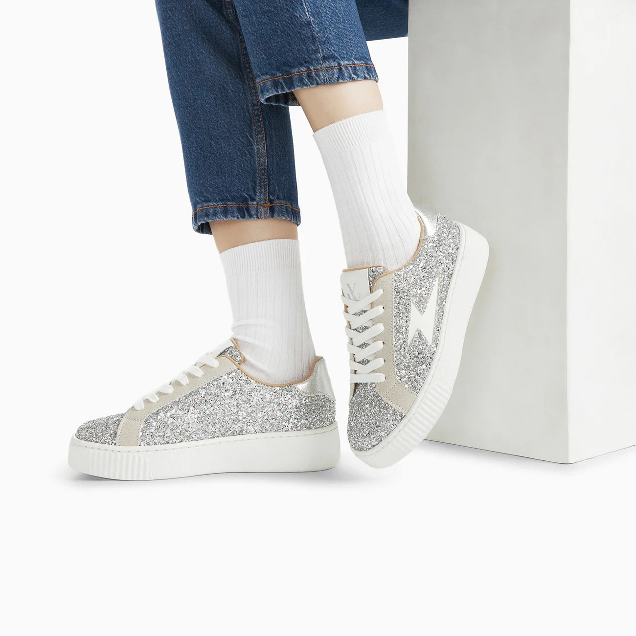 Pearl Glittery Silver Storm Sneakers with Laces Luxury Bubble