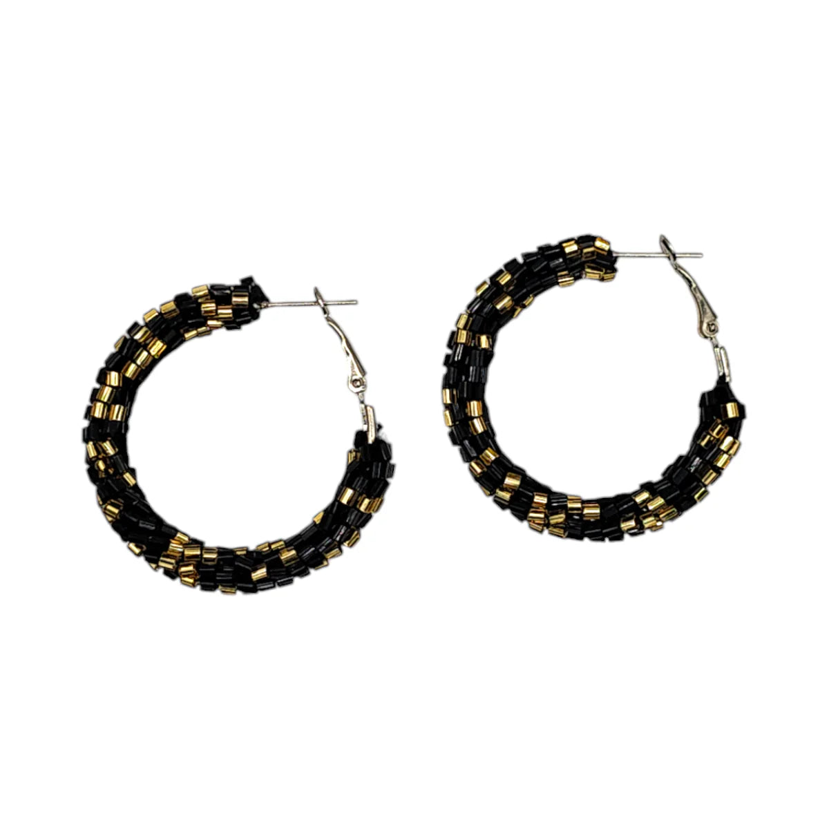 Black & Gold Beaded Cluster Hoop Earrings