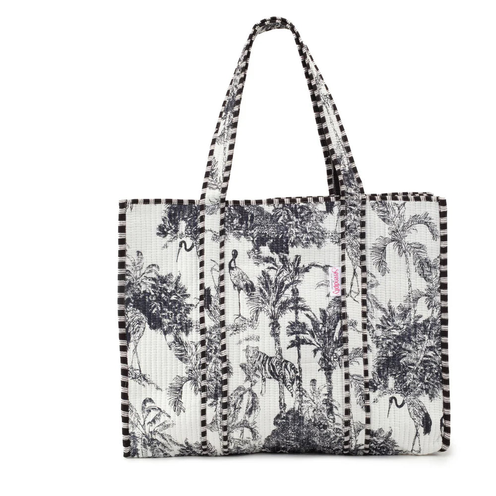 Serendipity Cotton Quilted Tote in Black and White Crane