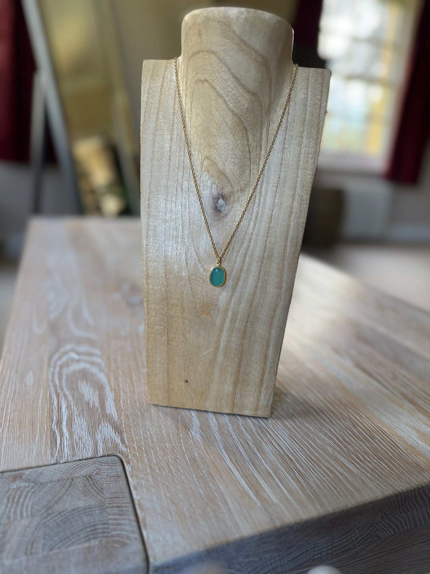 Gold Polished Brass Drop Necklace with Aqua Chalcedony Stone