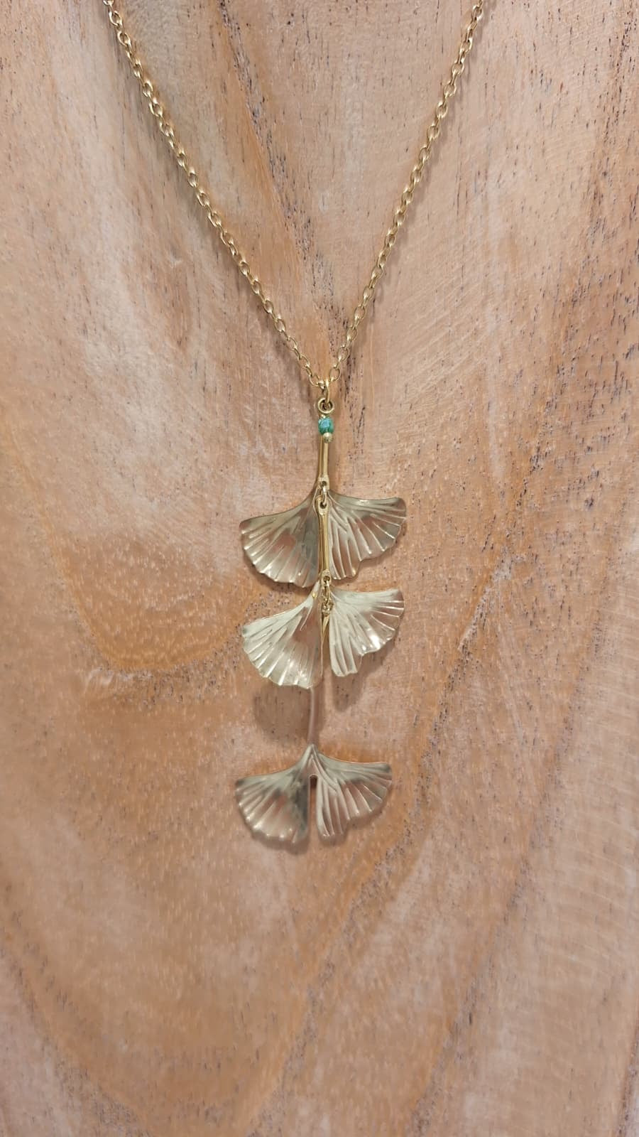 Ginkgo Three Leafs Brass Necklace