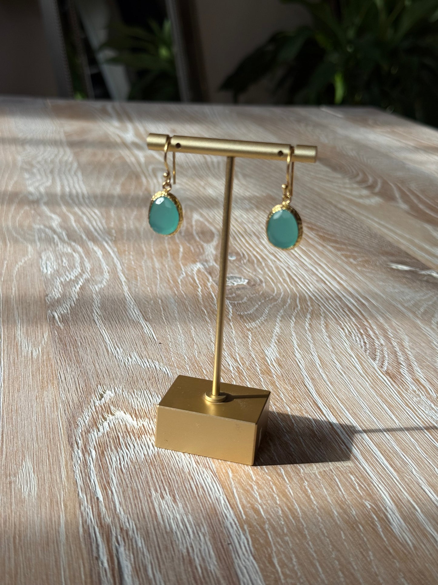 Gold Polished Brass Drop Earrings with Aqua Chalcedony Stone