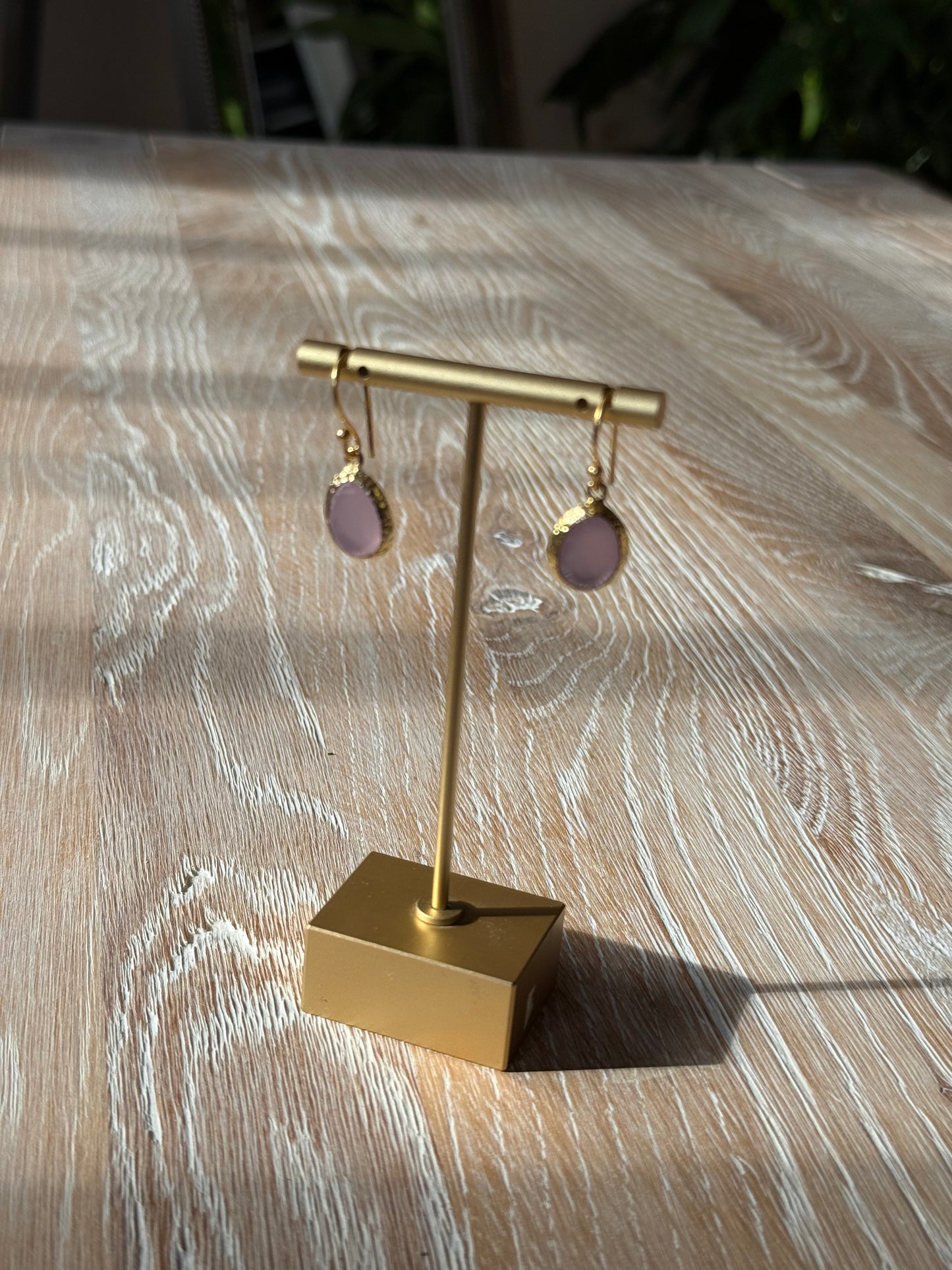 Gold Polished Brass Drop Earrings with Pink Chalcedony Stone