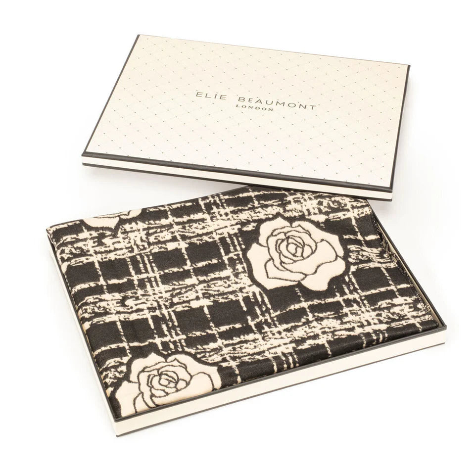 Winter Scarf Black and Ivory Roses in Check