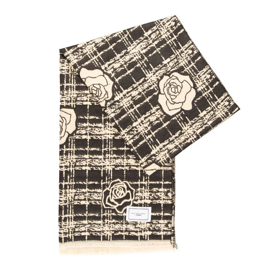 Winter Scarf Black and Ivory Roses in Check