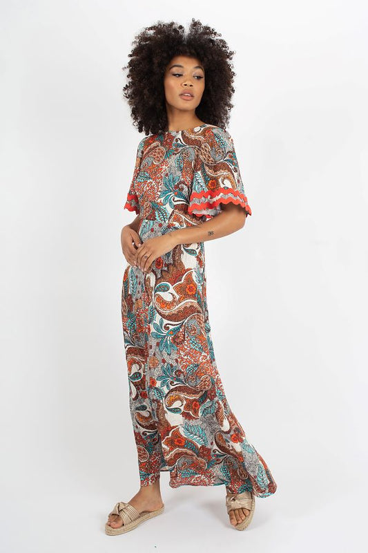 Rene Dress in Red & Blue Paisley Print