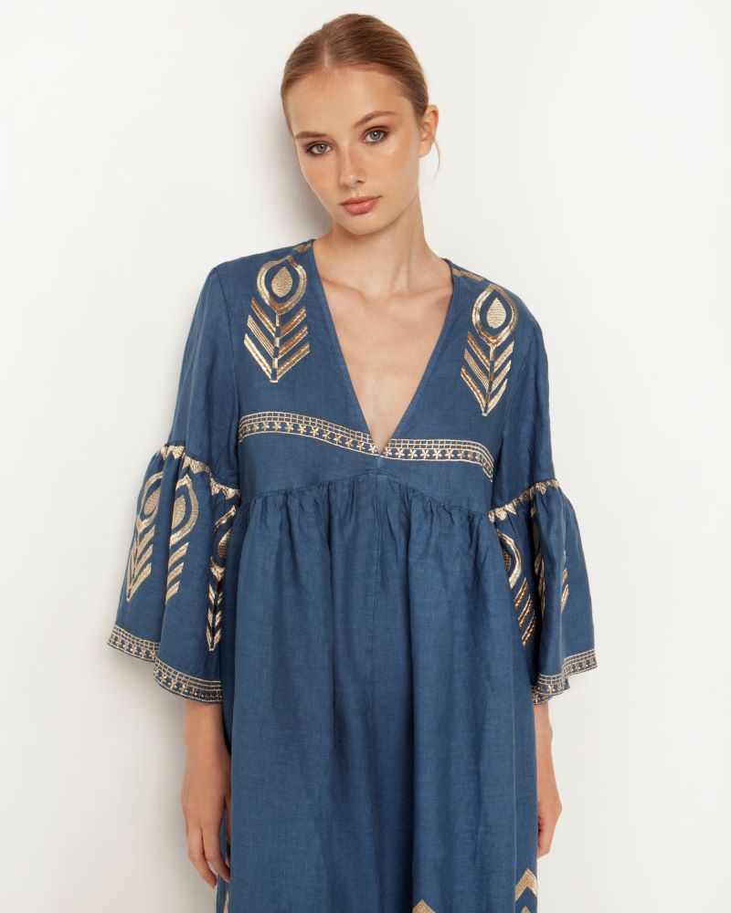 Long Feather Dress in Indigo with Bell Sleeve and Gold Detail