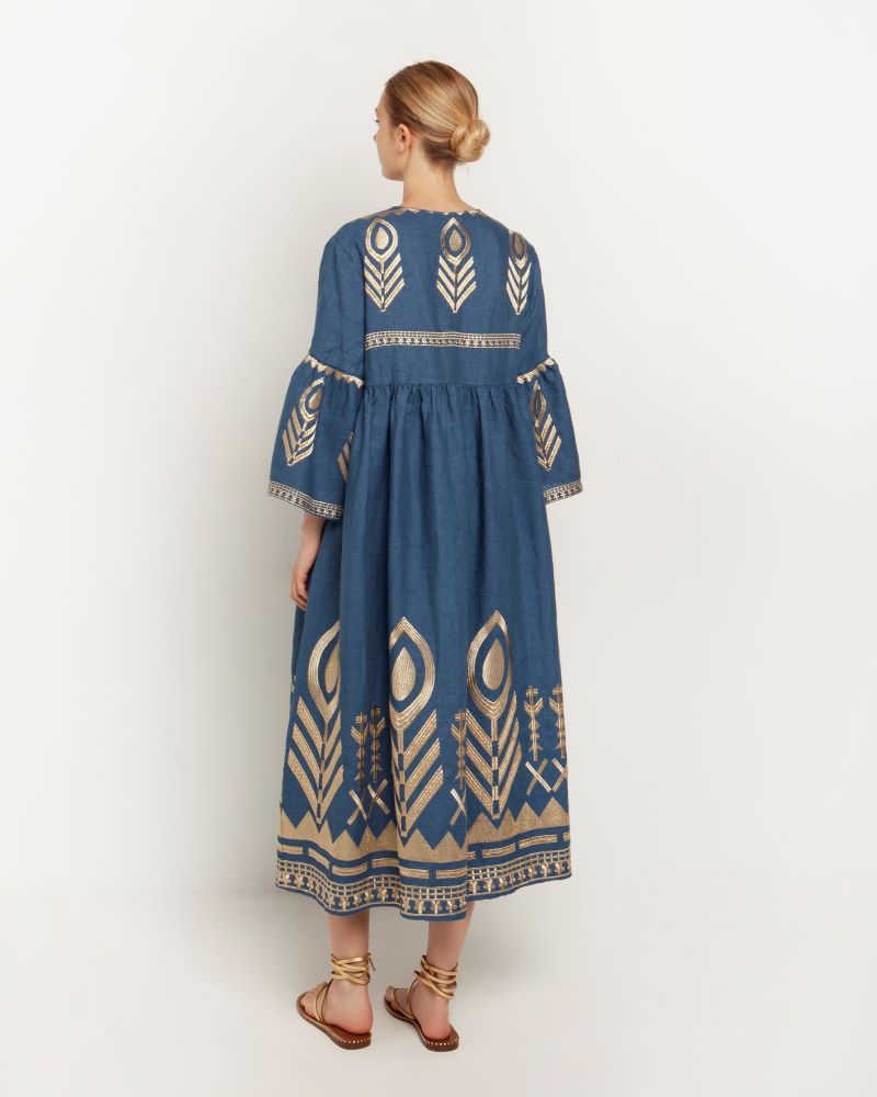 Long Feather Dress in Indigo with Bell Sleeve and Gold Detail