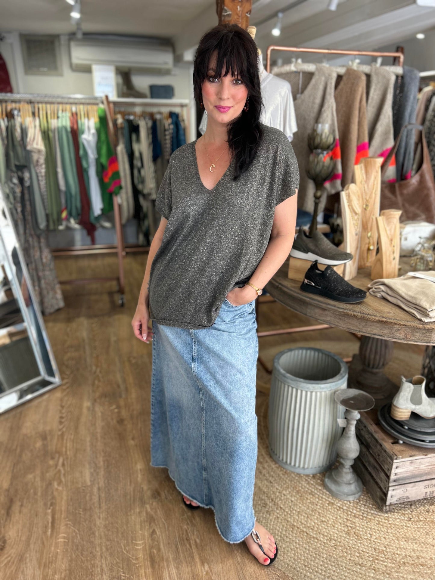Metallic Slouch Sweater in Granite
