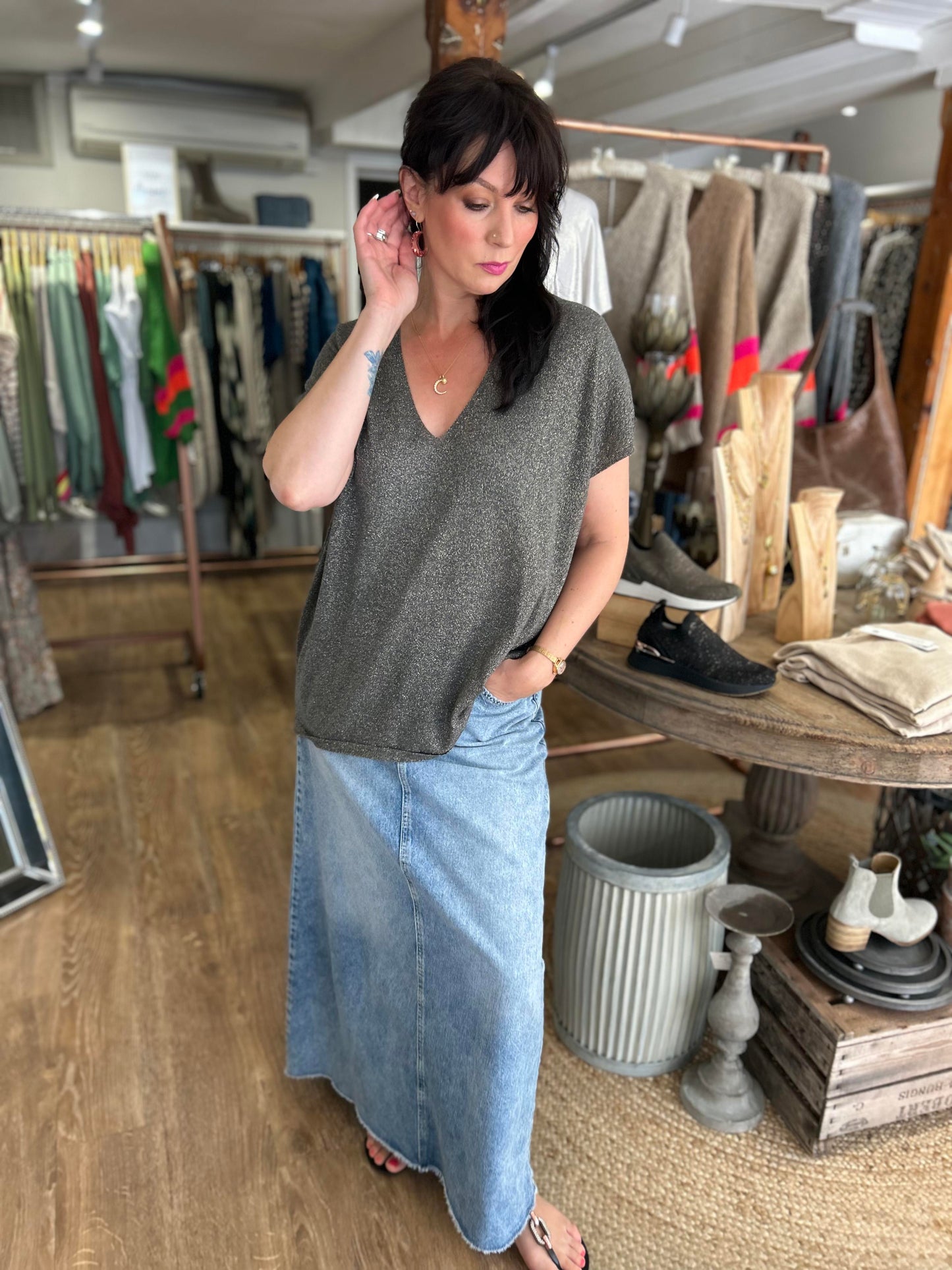 Metallic Slouch Sweater in Granite