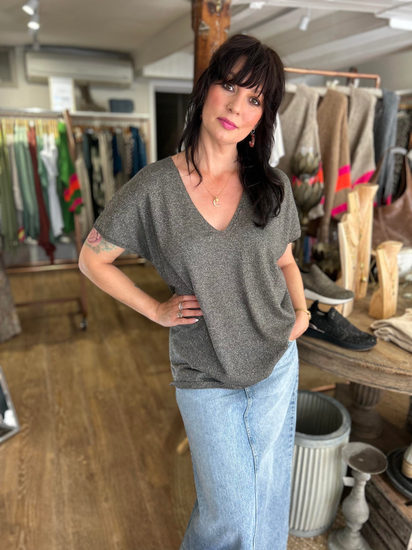 Metallic Slouch Sweater in Granite
