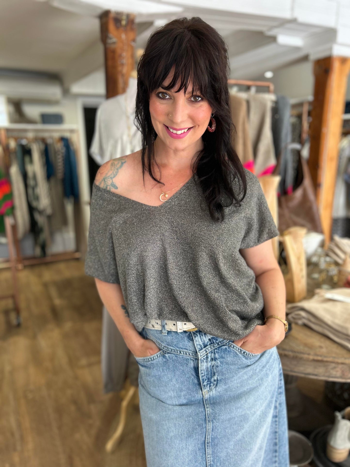 Metallic Slouch Sweater in Granite