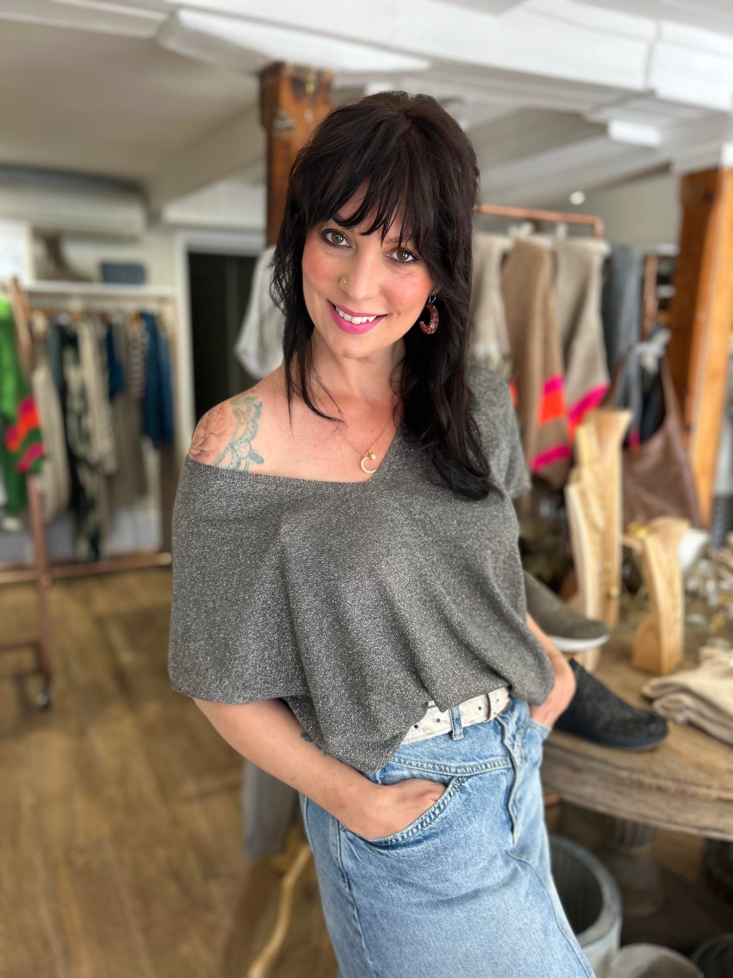 Metallic Slouch Sweater in Granite